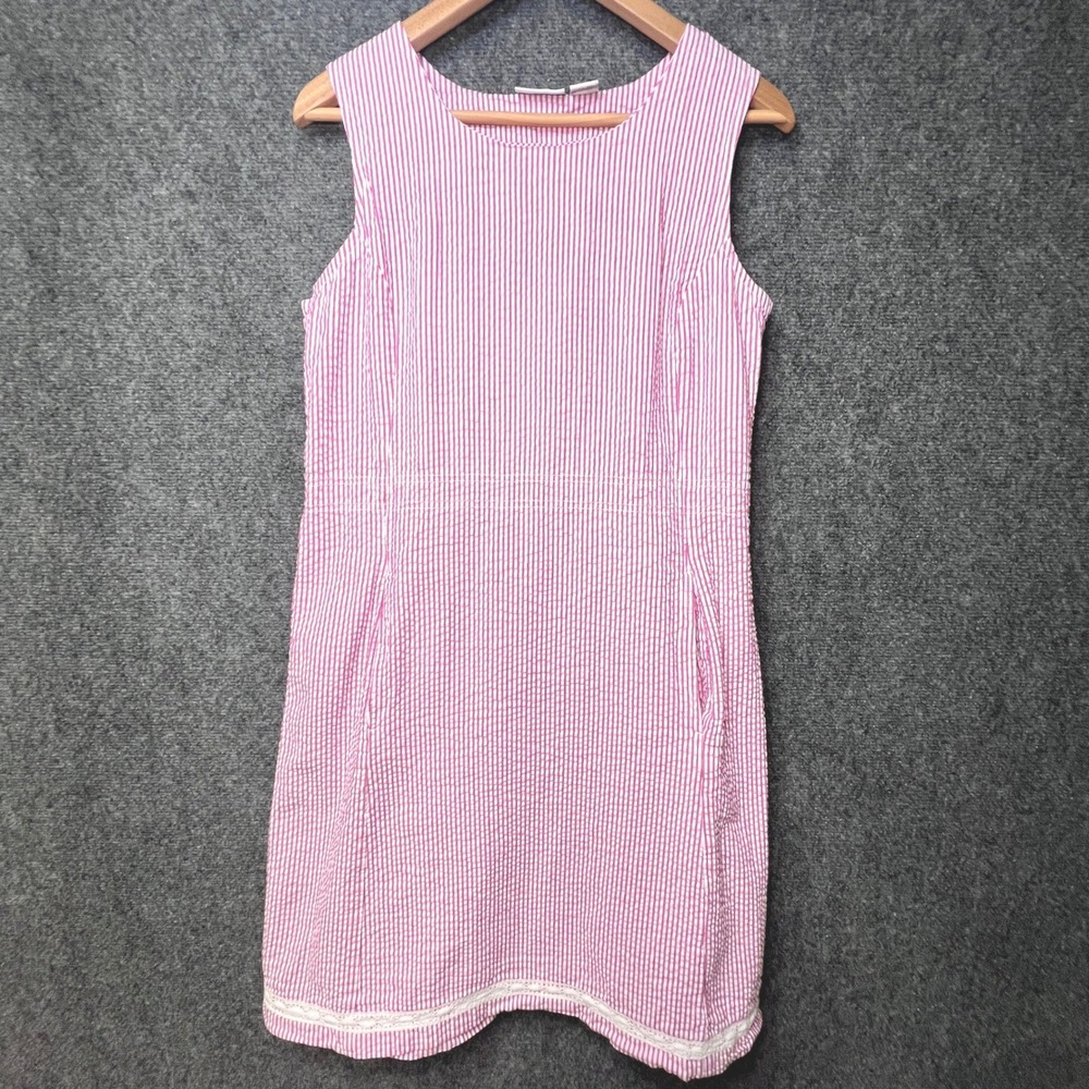 Vermont Country Store Pink White Seersucker Stripe Cotton Lace Trim Dress 12